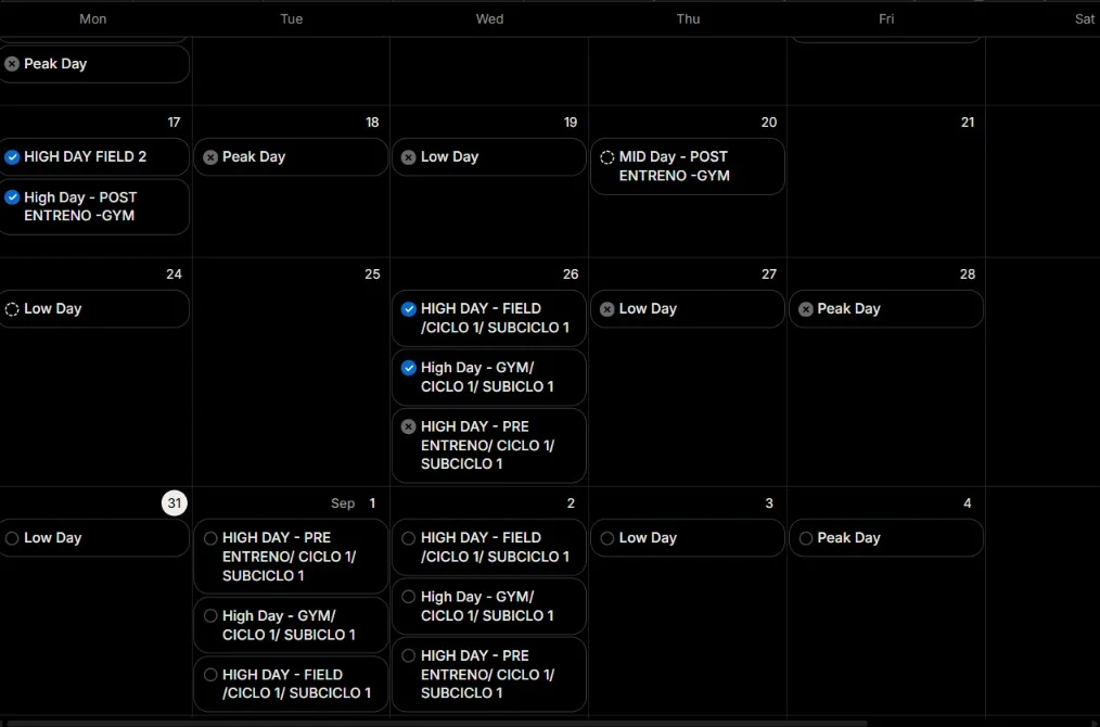 Calendario de periodización — Semana 5, Bloque Potencia